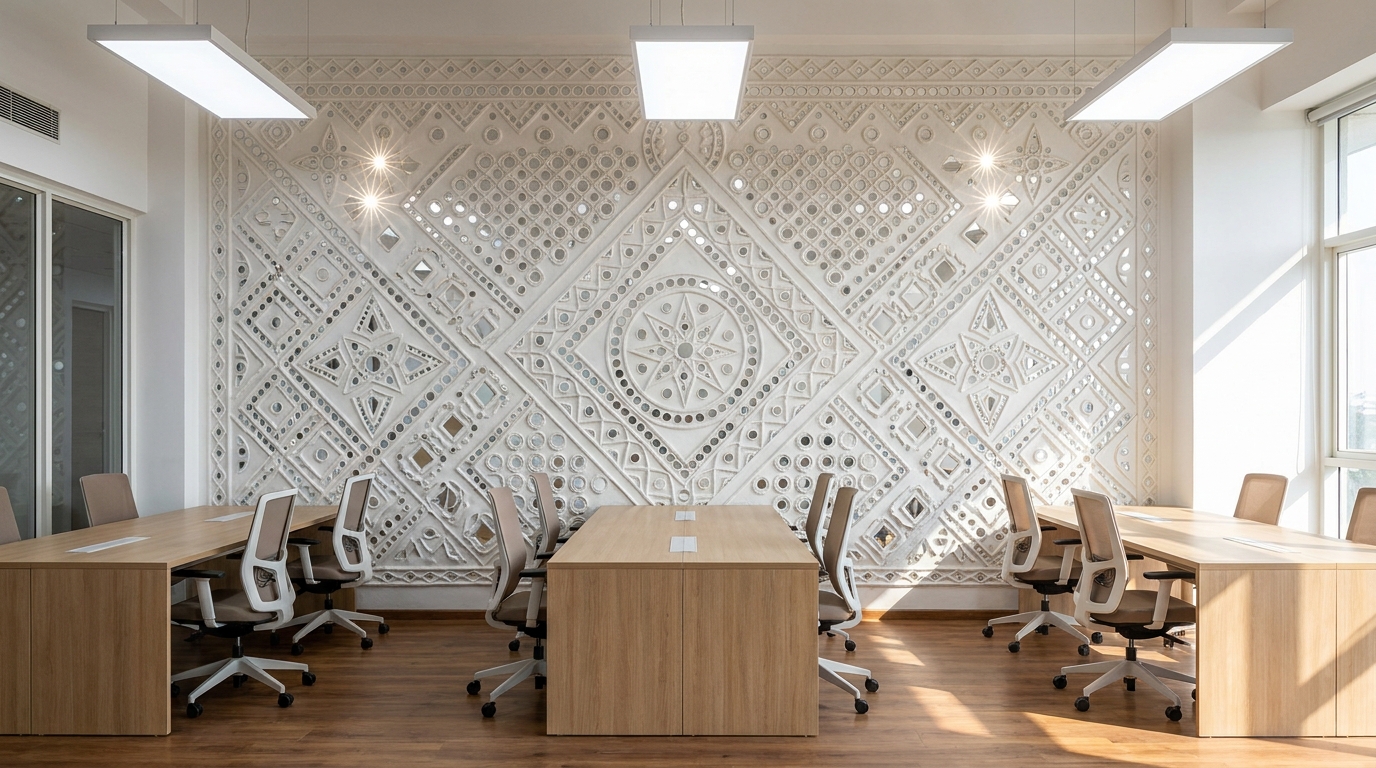 Full-wall Lippan art mural with geometric mandala patterns in a modern coworking office