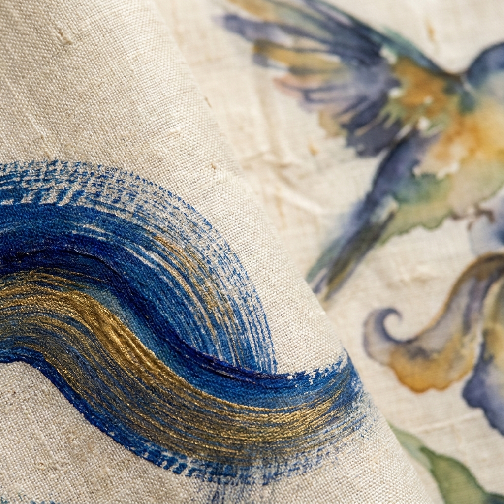 Macro detail of hand-painted silk panel showing cobalt blue and gold botanical brushstrokes on raw silk weave