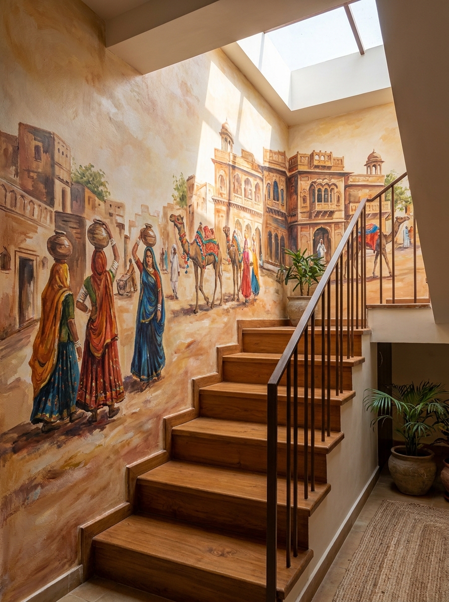 Rajasthani village scene along a staircase wall