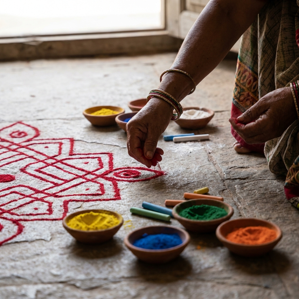 Red powder sifted through fingers — precision by hand