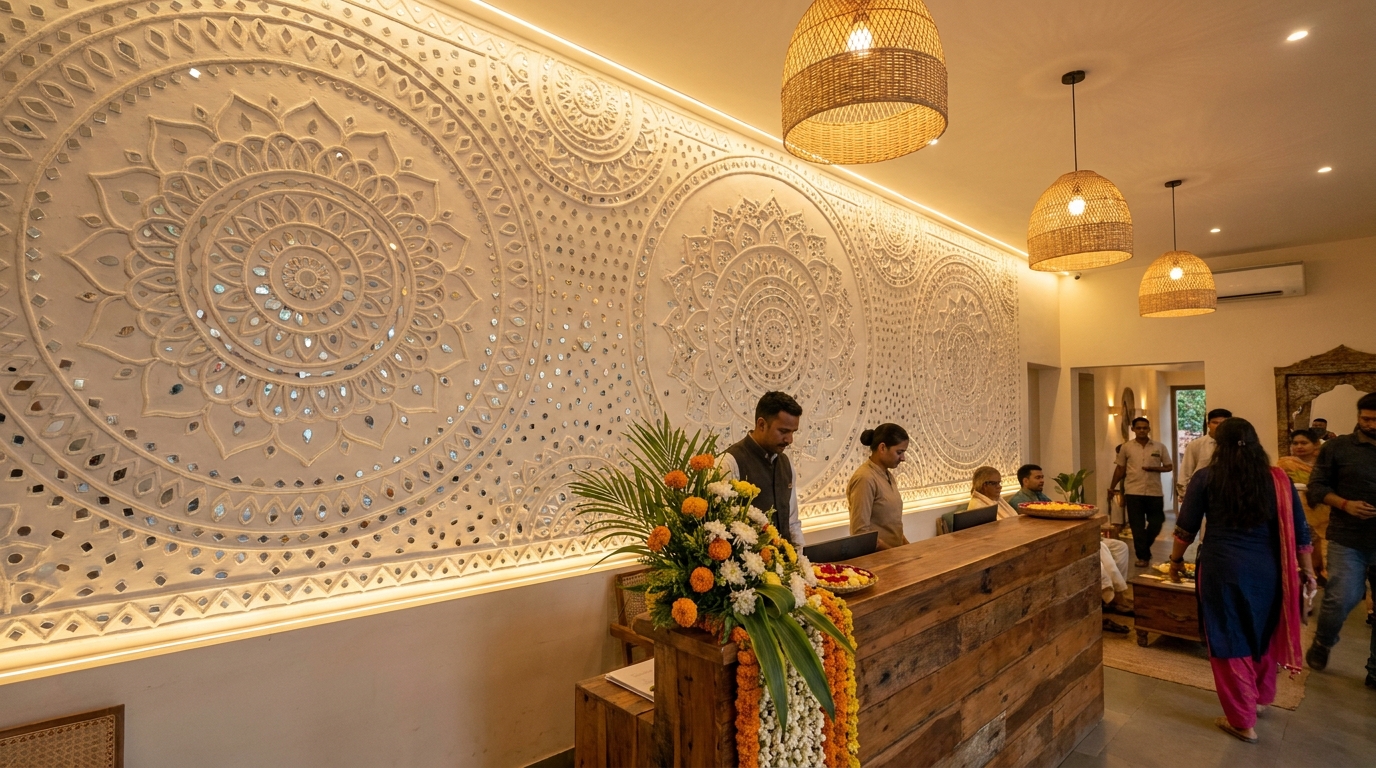 Full-wall Lippan installation — 15 feet of mandala and mirrors